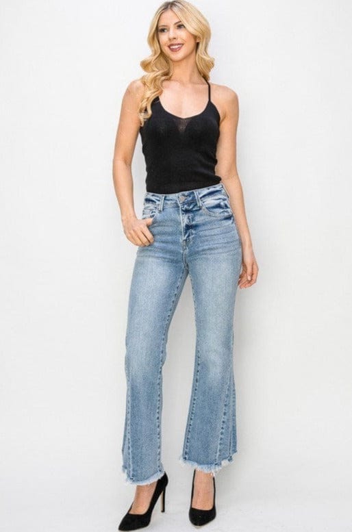 Risen High Rise Side Leg Seam Line Detail Ankle Flare Jeans