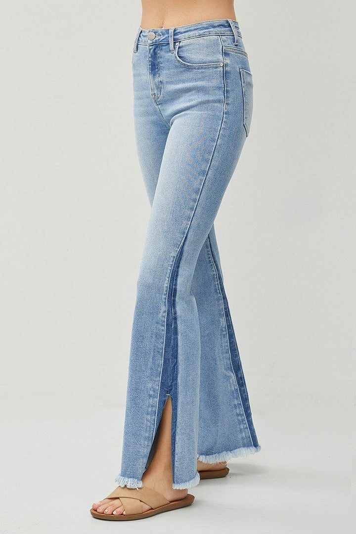 Risen High Rise Side Shadow Seam Detail Slit Flare Jeans