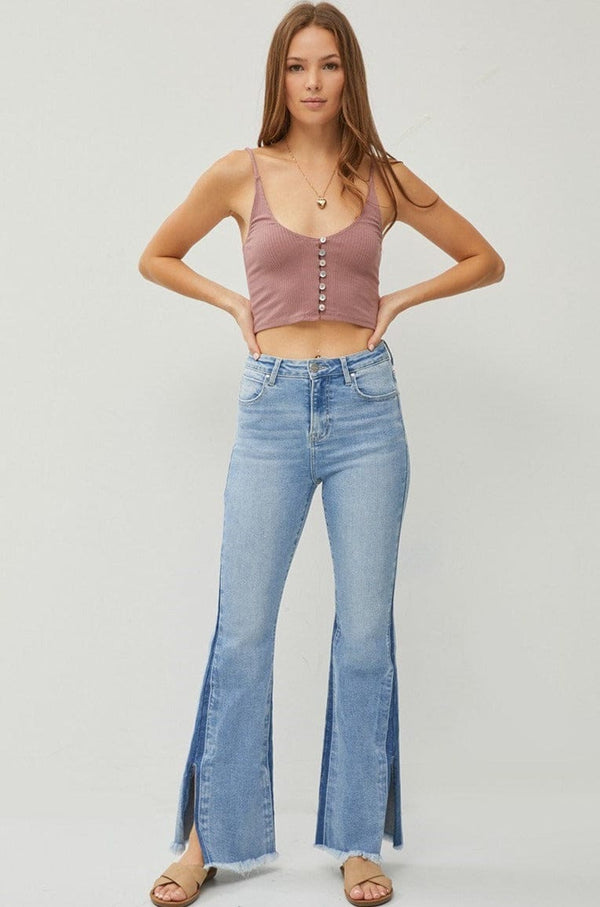 Risen High Rise Side Shadow Seam Detail Slit Flare Jeans