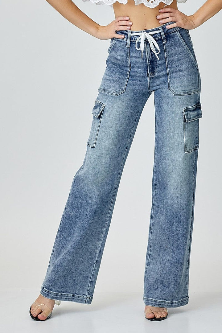 Risen Jeans High Rise Cargo Style Wide Leg Straight Jeans