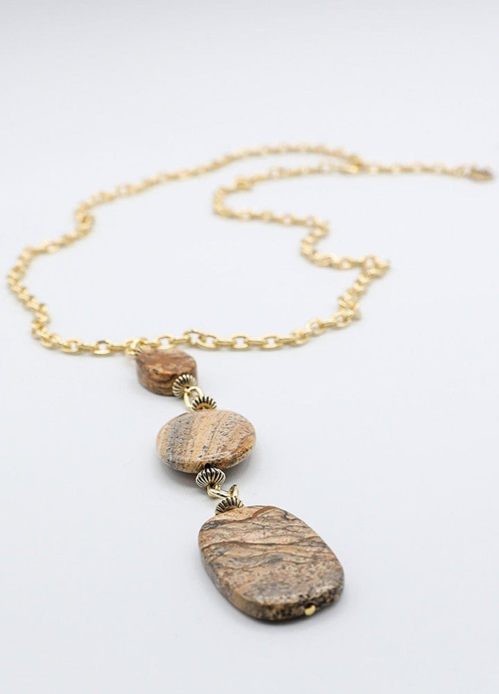 Rock Steady Long Gold Necklace with Three Flat Polished Stone Drop Feature