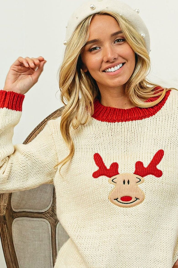 Rudolph Reindeer Embroidered Christmas Sweater with Contrast Neckline and Sleeve Cuffs