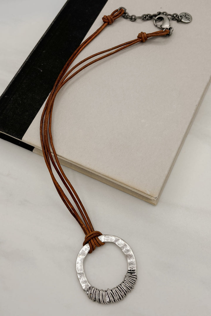 Rustic Double Leather Cord Hammered Wire Wrapped Pendant Necklace