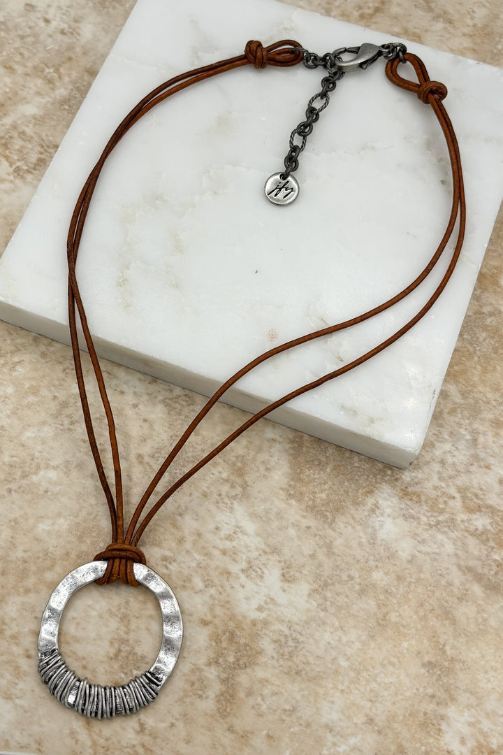 Rustic Double Leather Cord Hammered Wire Wrapped Pendant Necklace