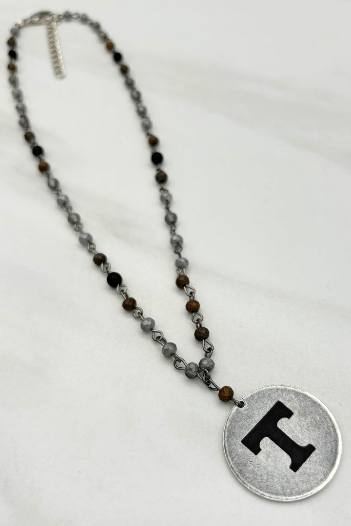 Rustic Marbled Bead Engraved Power T Coin Necklace