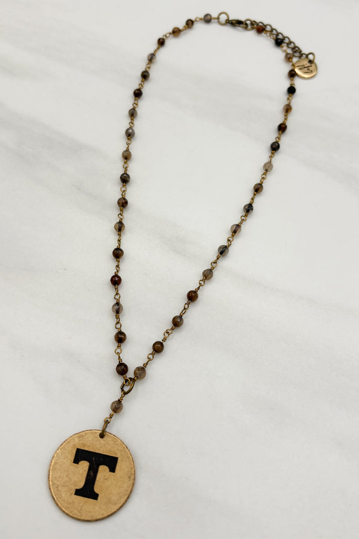 Rustic Marbled Bead Engraved Power T Coin Necklace