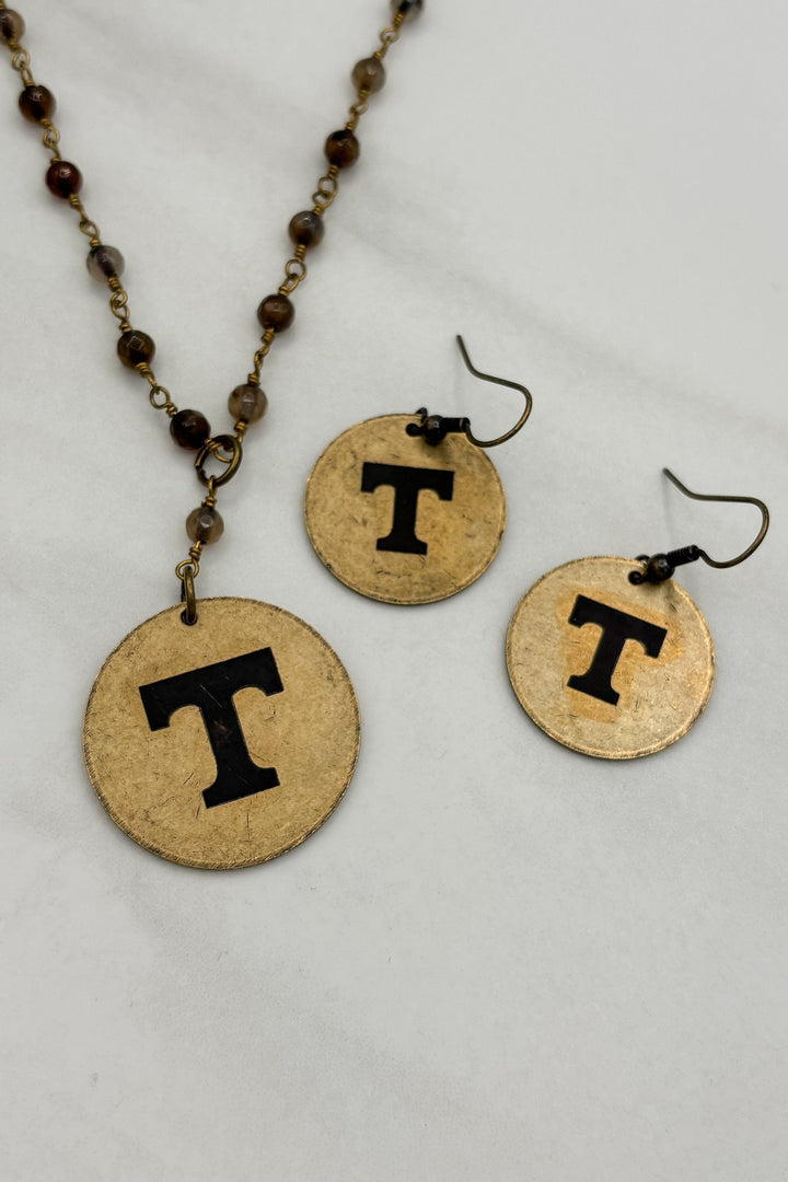 Rustic Marbled Bead Engraved Power T Coin Necklace