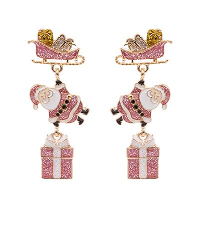 Santa's Sleigh and Gifts Christmas Glitter Enamel Linear Drop Earrings