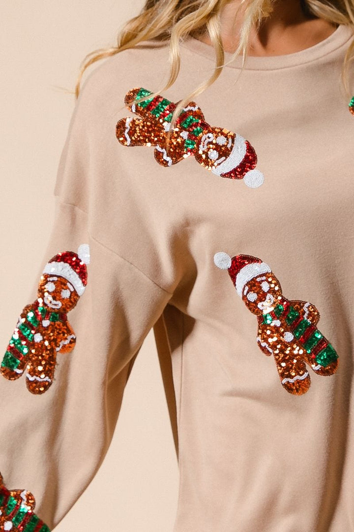 Sequin Gingerbread Man Embroidered Christmas Fleece Pullover