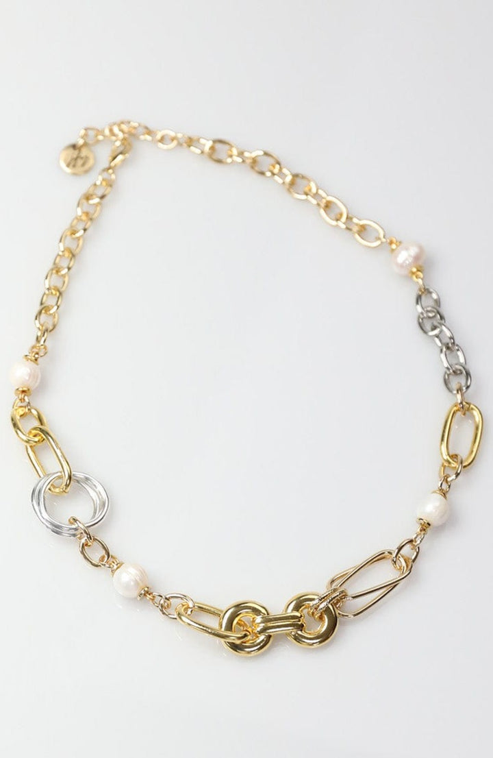 Silver and Gold Necklace with Variety of Chain and Fresh Water Pearls