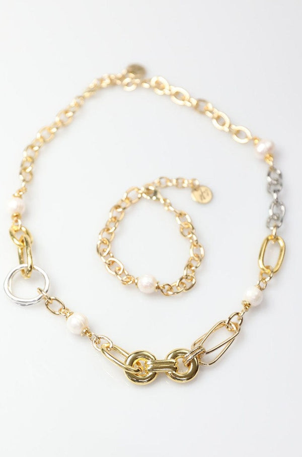 Silver and Gold Necklace with Variety of Chain and Fresh Water Pearls