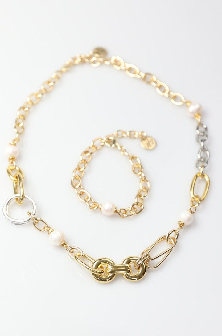 Silver and Gold Necklace with Variety of Chain and Fresh Water Pearls