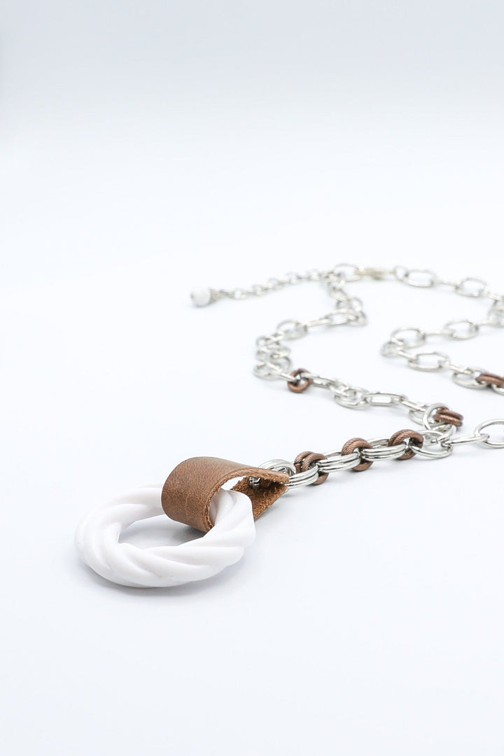 Silver Chain Necklace with Vintage White Accent Ring