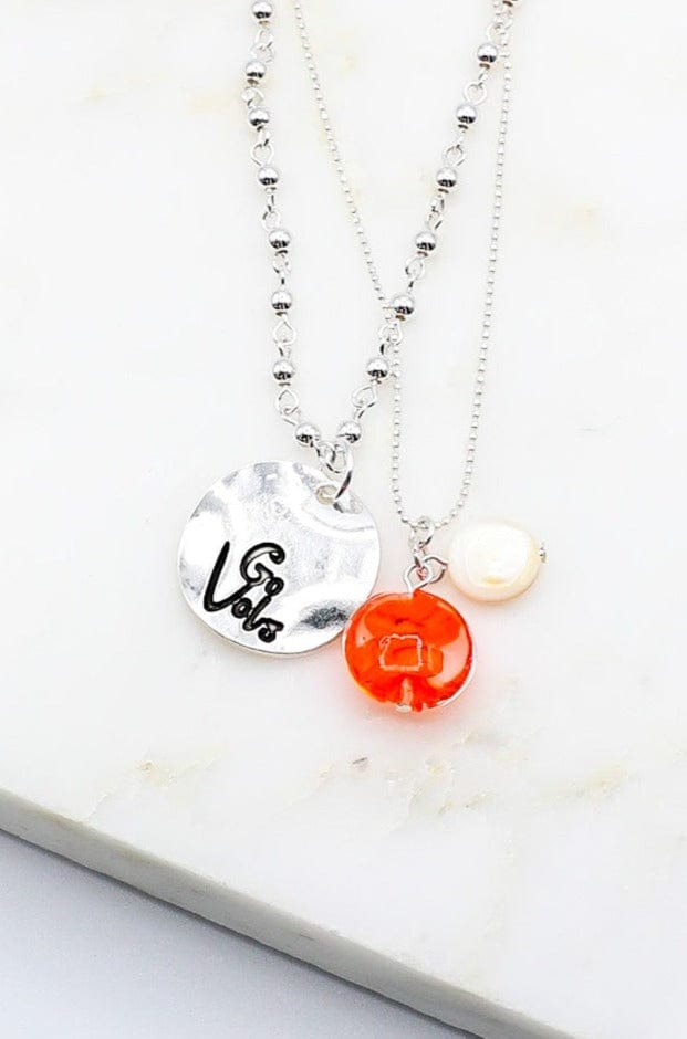 Silver Duo Necklace with Go Vols Pendant and Orange Glass