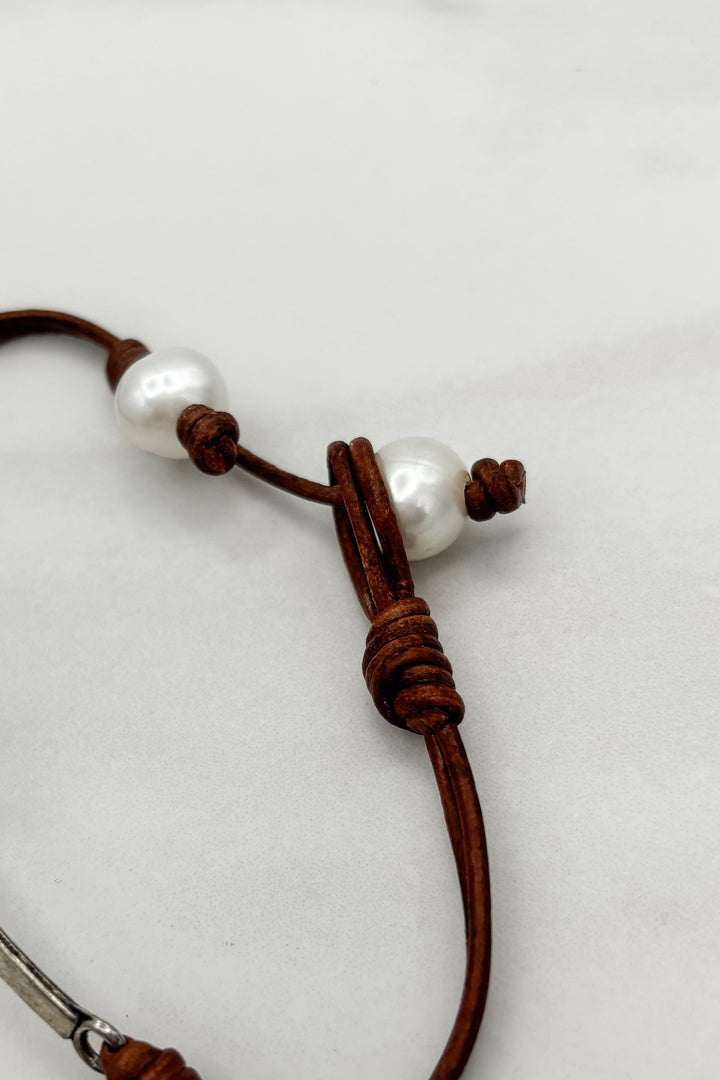 Simple Leather Bracelet With Silver Cross and Freshwater Pearls