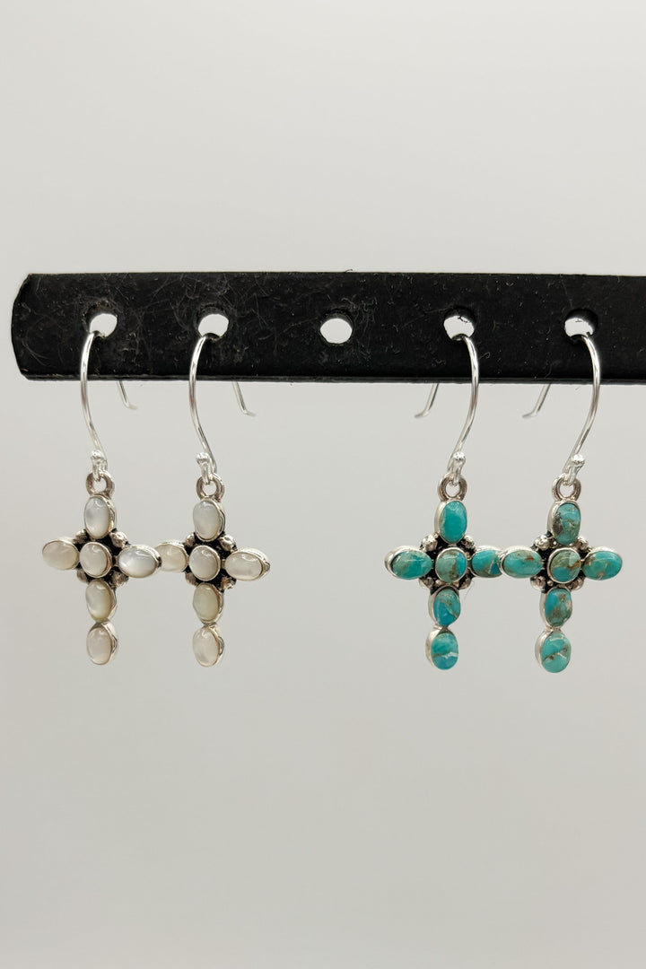 Small Bubble Cross Sterling Silver Genuine Stone Cross Dangle Earrings