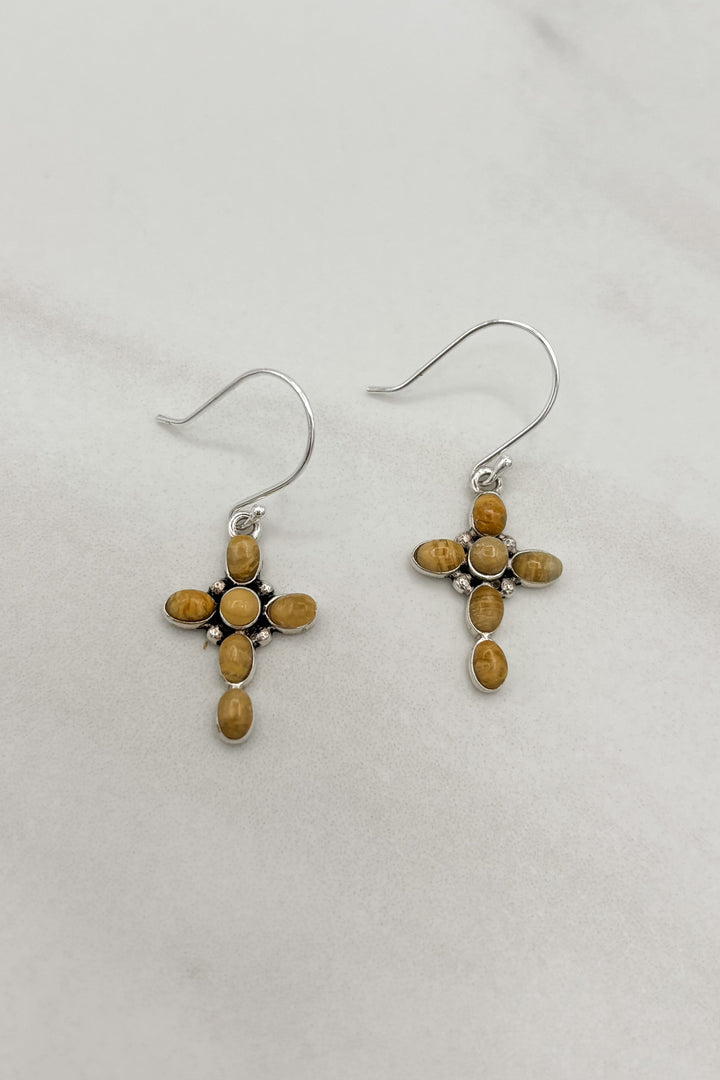 Small Bubble Cross Sterling Silver Genuine Stone Cross Dangle Earrings