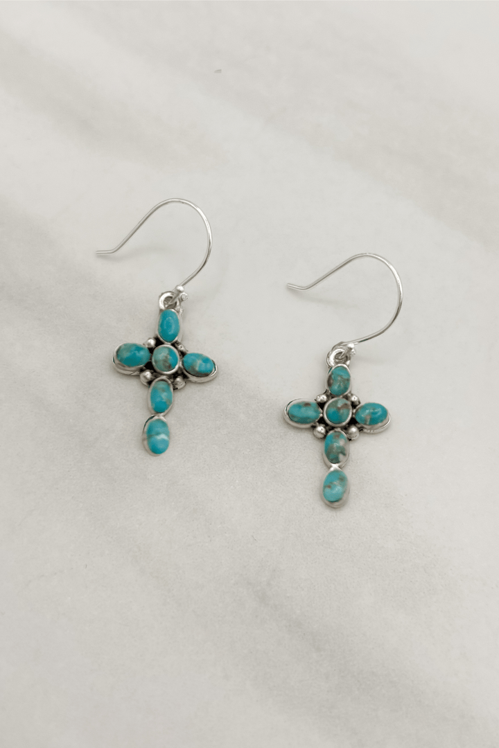 Small Bubble Cross Sterling Silver Genuine Stone Cross Dangle Earrings