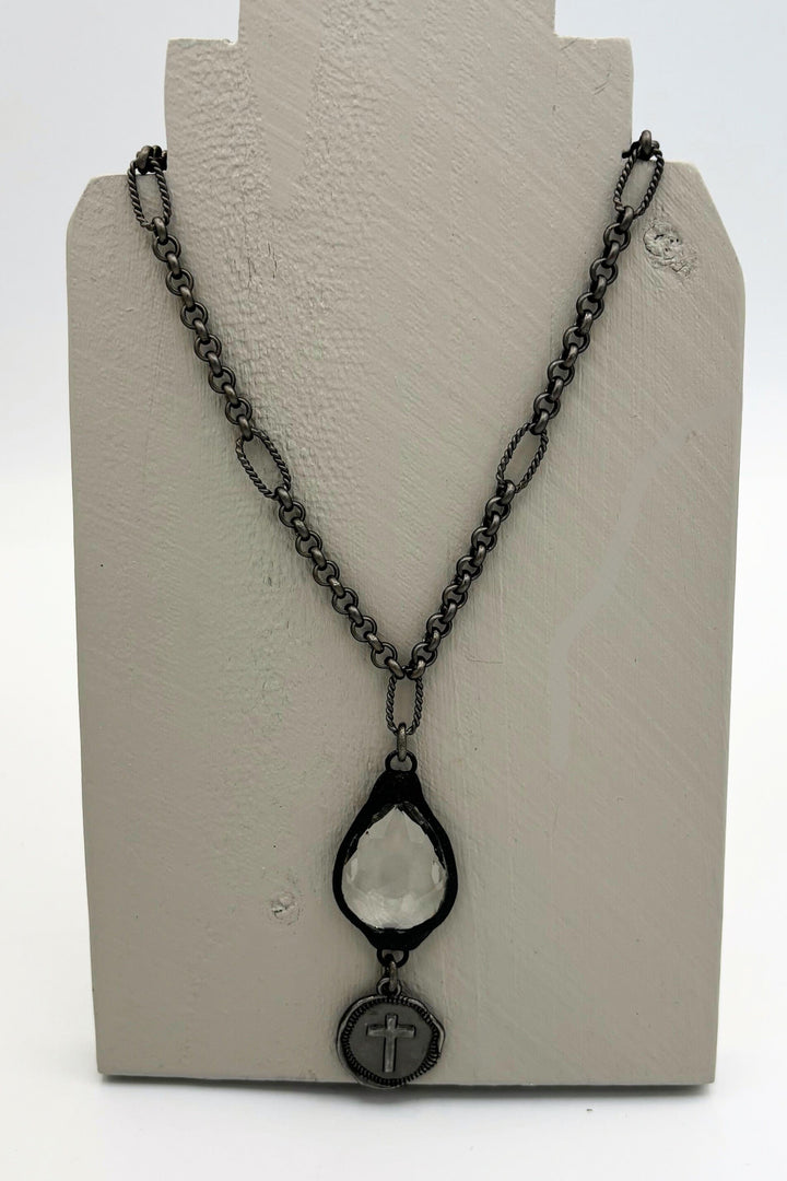 Small Soldered Teardrop Pendant with Dangling Wax Stamp Cross Charm Necklace