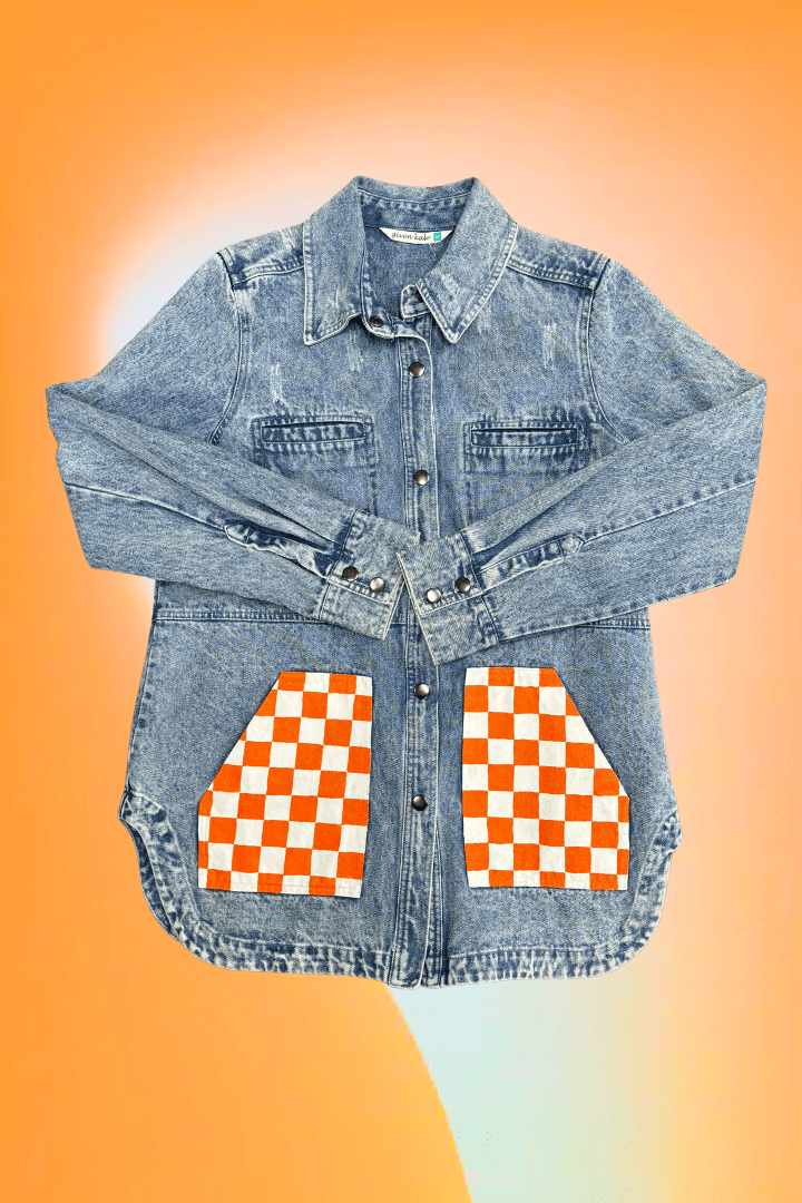 Smiley Vols Checkered Pocket Hand Painted Long Cargo Denim Jacket