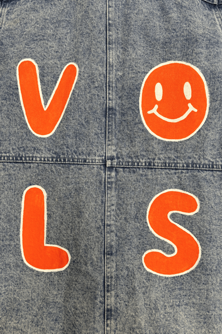 Smiley Vols Checkered Pocket Hand Painted Long Cargo Denim Jacket