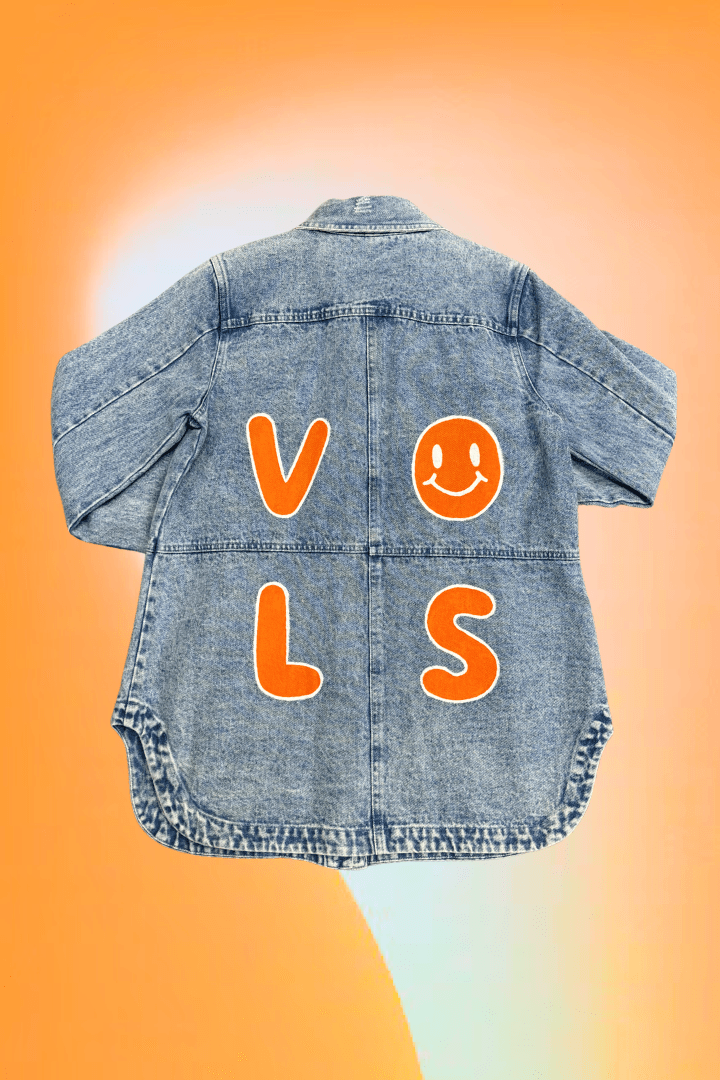 Smiley Vols Checkered Pocket Hand Painted Long Cargo Denim Jacket