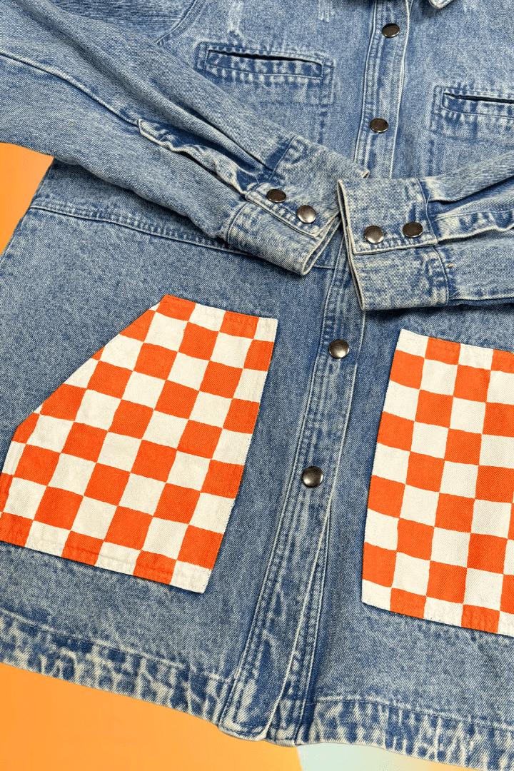 Smiley Vols Checkered Pocket Hand Painted Long Cargo Denim Jacket