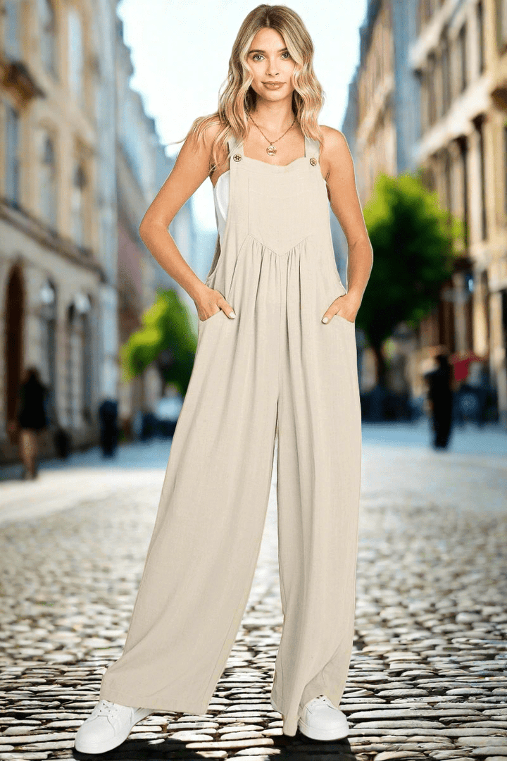 Solid Button Sling Wide-Leg Overall Jumpsuit with Front and Side Pockets