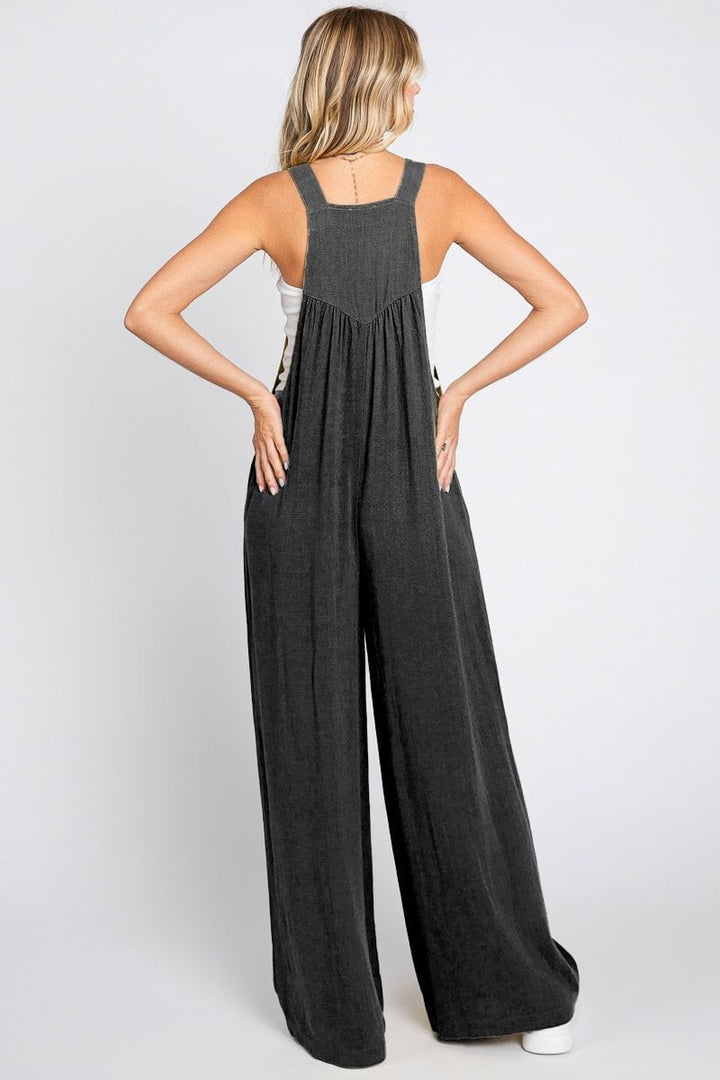 Solid Button Sling Wide-Leg Overall Jumpsuit with Front and Side Pockets