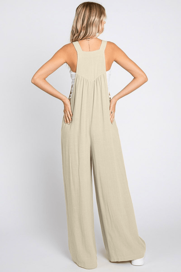 Solid Button Sling Wide-Leg Overall Jumpsuit with Front and Side Pockets