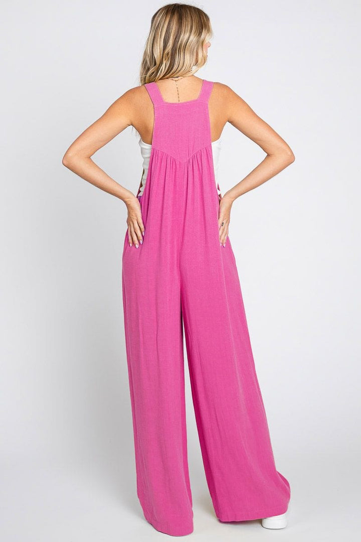 Solid Button Sling Wide-Leg Overall Jumpsuit with Front and Side Pockets