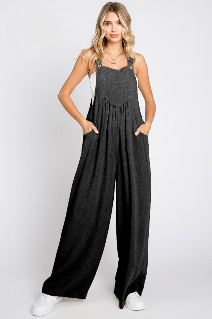 Solid Button Sling Wide-Leg Overall Jumpsuit with Front and Side Pockets