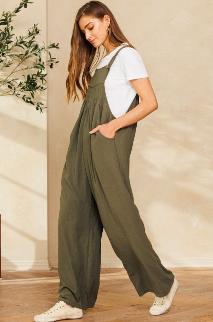 Solid Button Sling Wide-Leg Overall Jumpsuit with Pocket