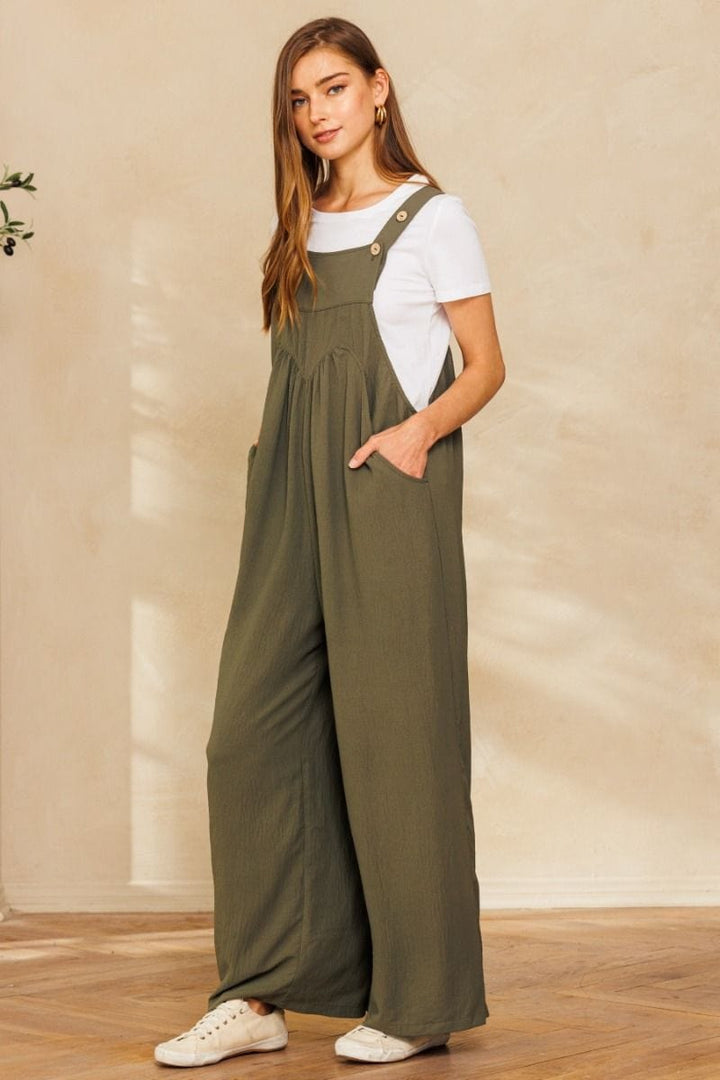 Solid Button Sling Wide-Leg Overall Jumpsuit with Pocket