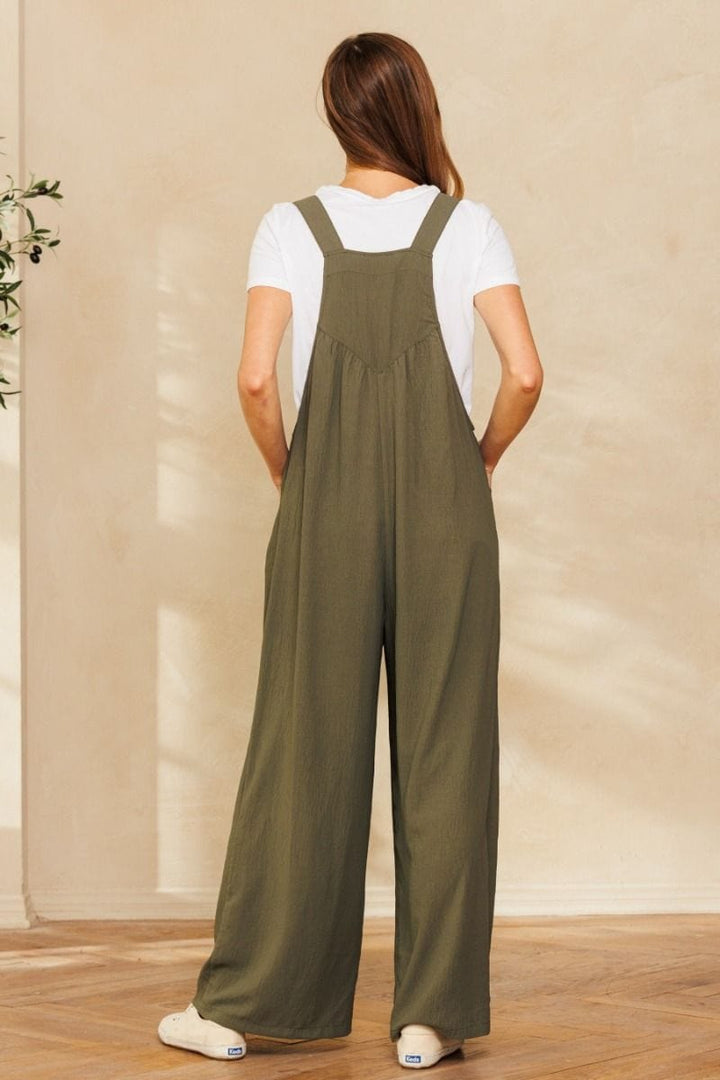 Solid Button Sling Wide-Leg Overall Jumpsuit with Pocket