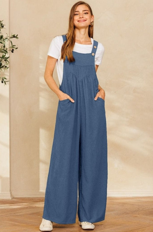 Solid Button Sling Wide-Leg Overall Jumpsuit with Pocket