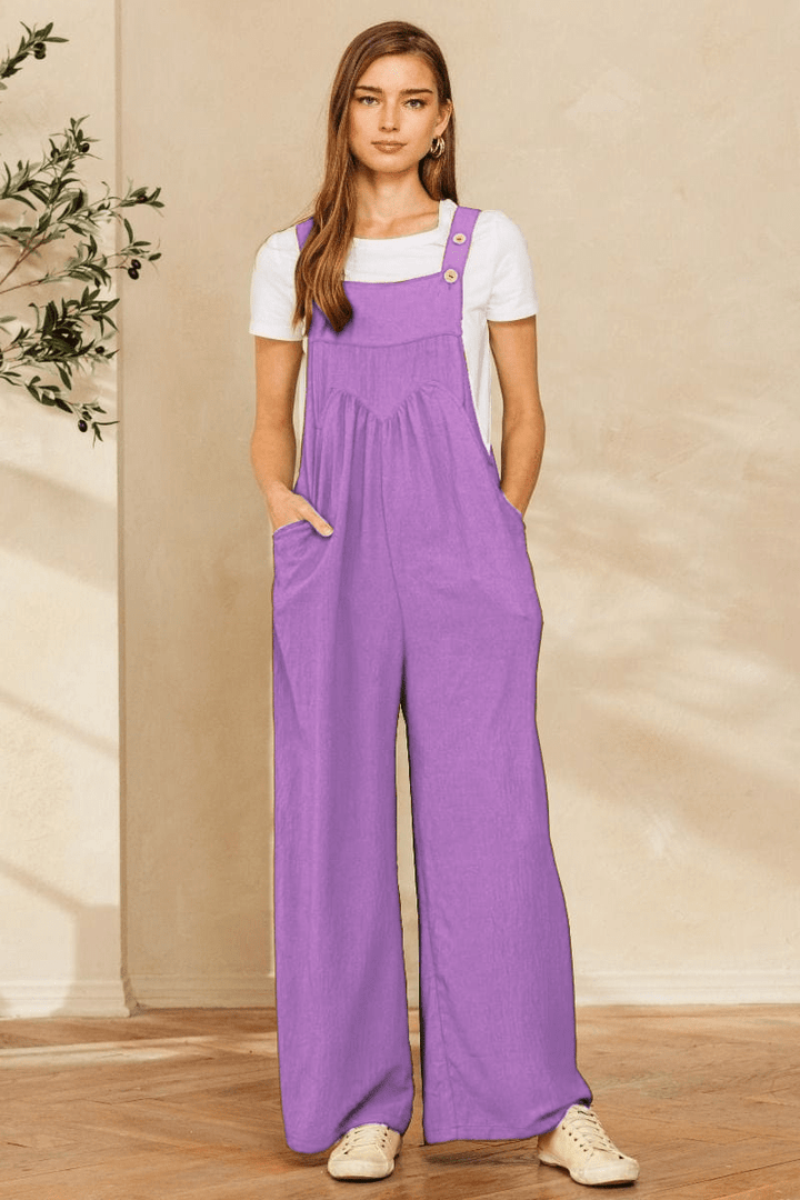 Solid Button Sling Wide-Leg Overall Jumpsuit with Pocket