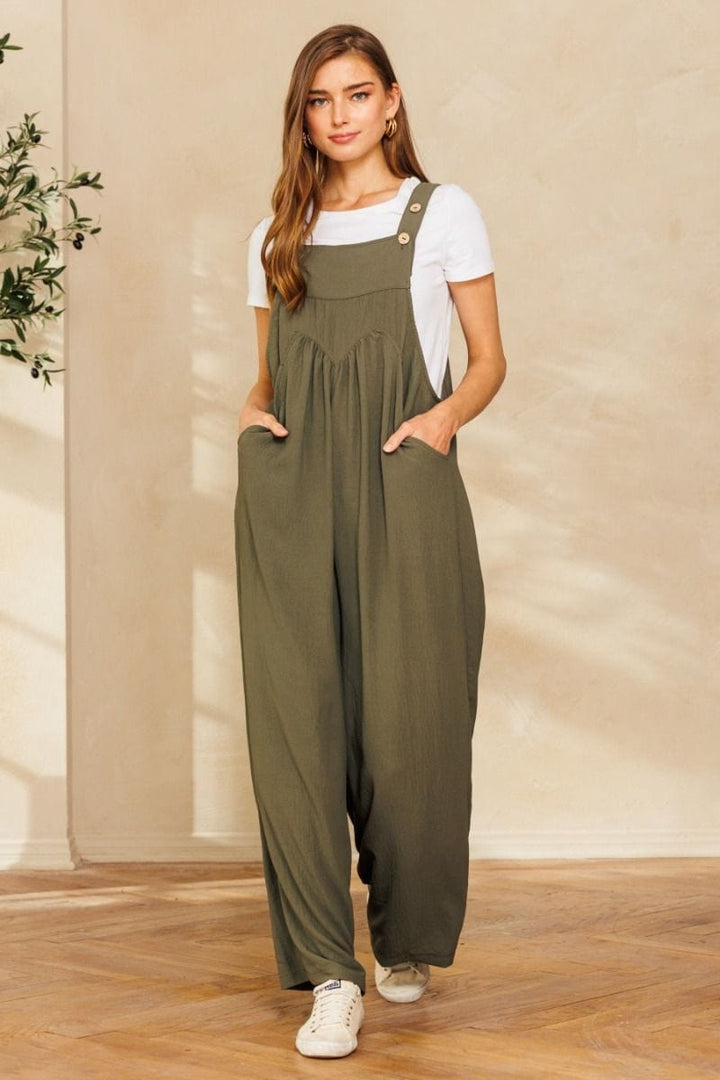 Solid Button Sling Wide-Leg Overall Jumpsuit with Pocket