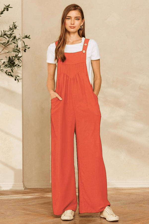 Solid Button Sling Wide-Leg Overall Jumpsuit with Pocket