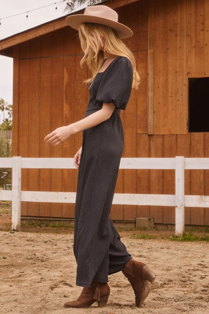 Solid Textured Square Neckline Short Puff Sleeve Jumpsuit