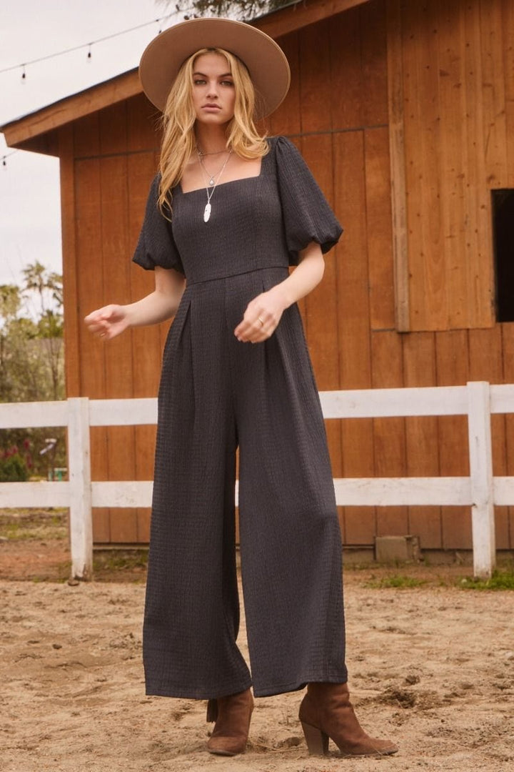 Solid Textured Square Neckline Short Puff Sleeve Jumpsuit