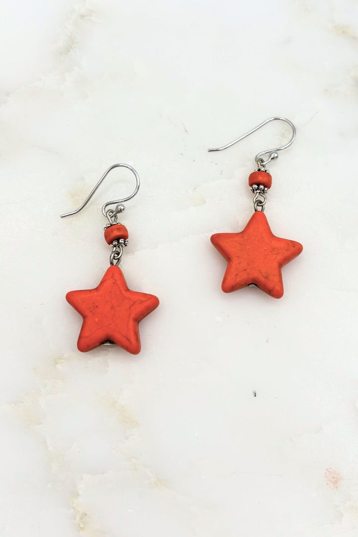 Star Shaped Genuine Stone Dangle Earrings with Accent Bead