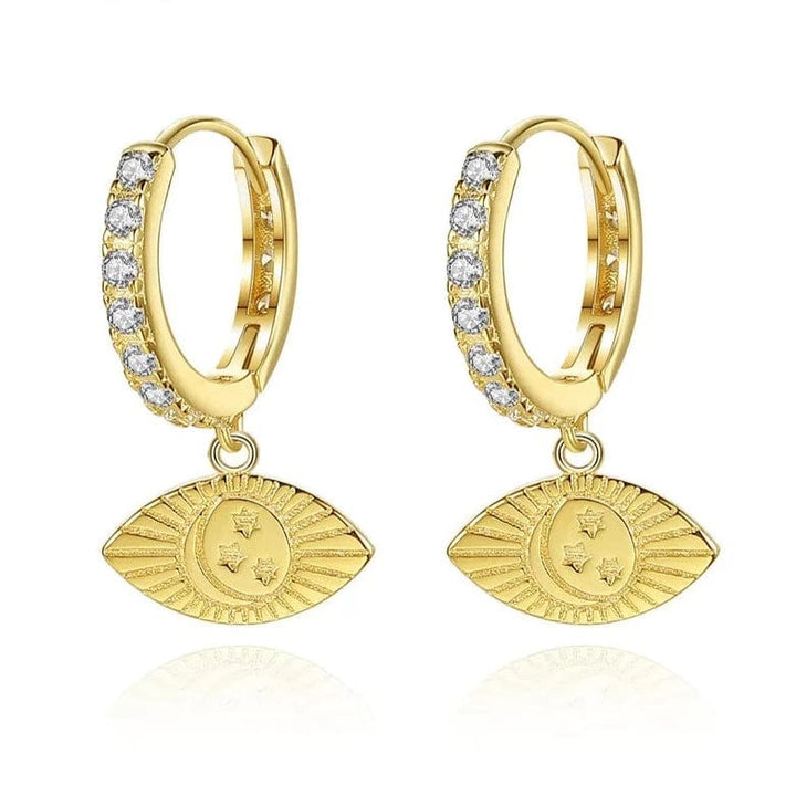 Statement Hoop Earrings with Dangling Starry Eye Charm 14K Gold Plated Sterling Silver