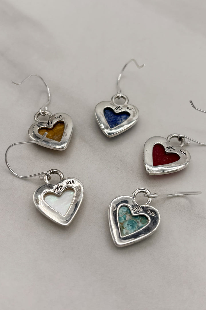 Sterling Silver Set Genuine Stone Heart Dangle Earrings