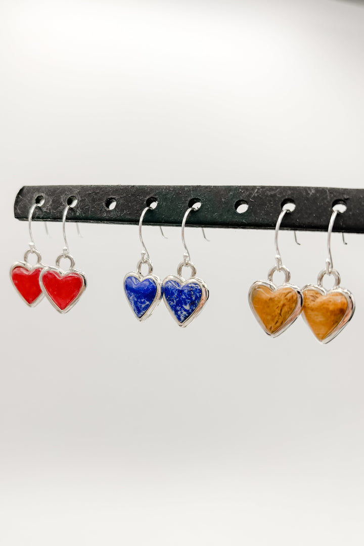 Sterling Silver Set Genuine Stone Heart Dangle Earrings