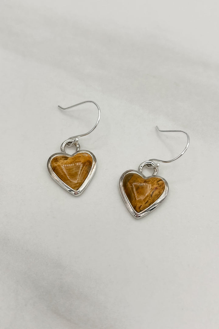 Sterling Silver Set Genuine Stone Heart Dangle Earrings