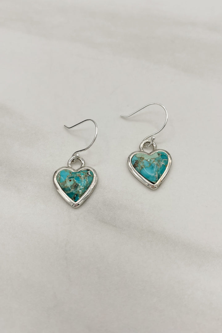 Sterling Silver Set Genuine Stone Heart Dangle Earrings