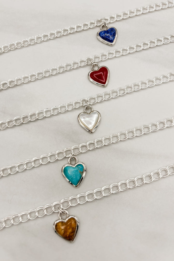 Sterling Silver Set Genuine Stone Heart Double Link Chain Bracelet