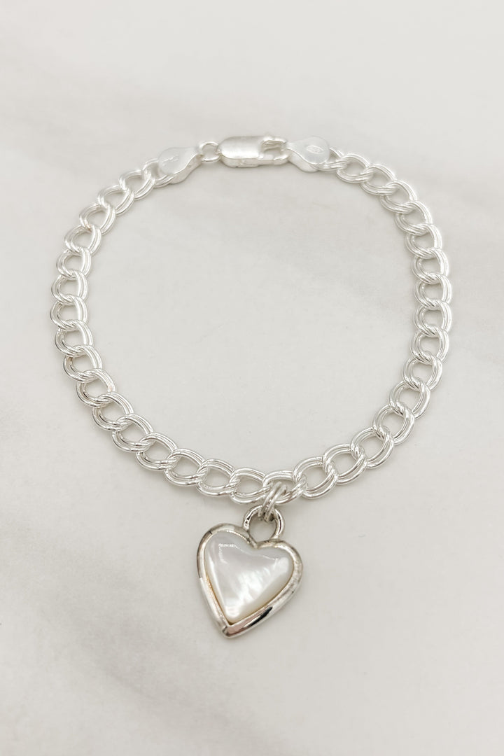 Sterling Silver Set Genuine Stone Heart Double Link Chain Bracelet