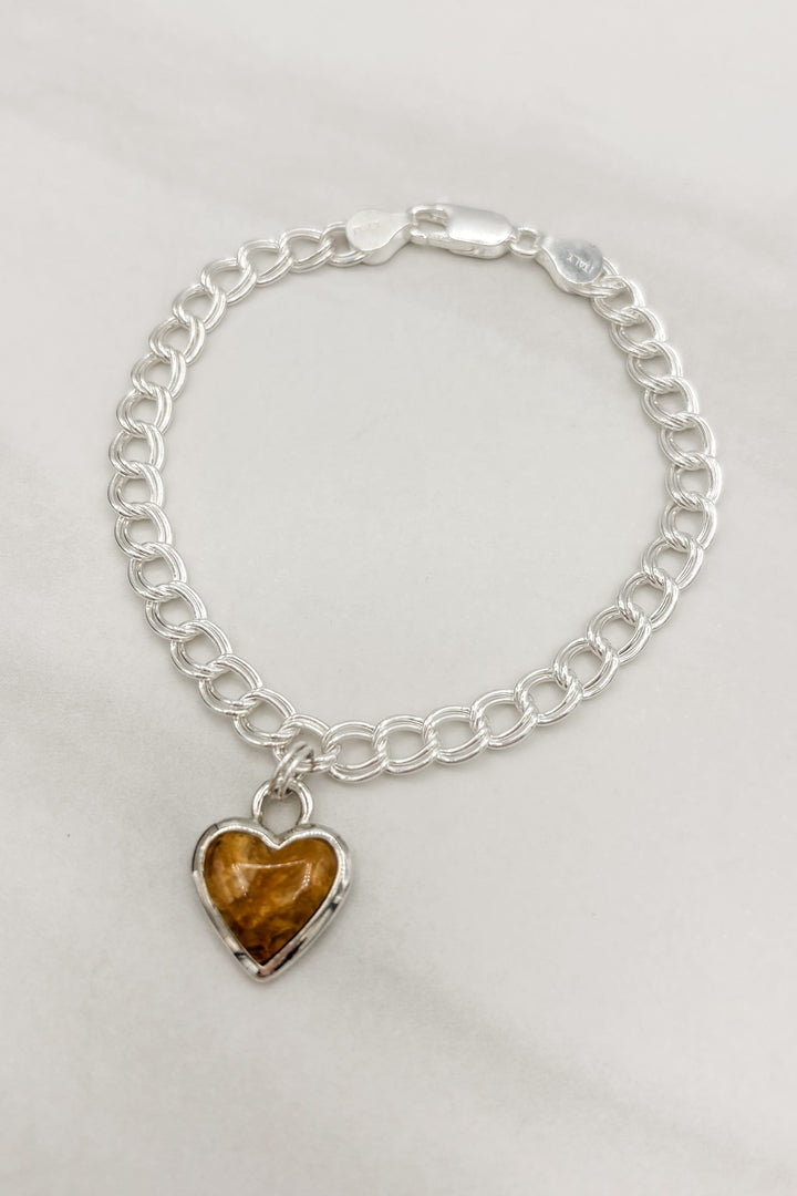 Sterling Silver Set Genuine Stone Heart Double Link Chain Bracelet